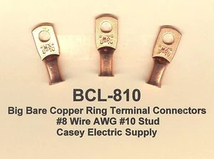10 Bare Battery BIG COPPER LUG Ring Terminal Connectors #8 Wire Gauge #10 Stud - Picture 1 of 2