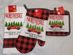 Juego de 4 piezas de guante para horno de cocina y 2 soportes para olla y toallas - Navidad - árboles del Polo Norte - Imagen 1 de 2