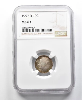 1957-D Roosevelt Dime MS67 NGC Beautifully Toned *8623 - Image 1 of 3