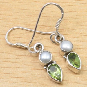Discount Sale For 925 Silver Rare PEARL & PERIDOT Earrings 1.1" Fashion Jewelry - Picture 1 of 2