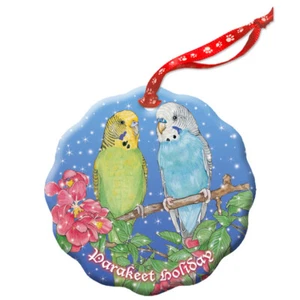 Parakeet Budgie Parrot Holiday Porcelain Christmas Tree Ornament - Picture 1 of 2