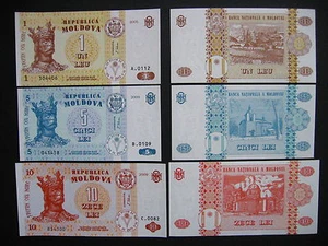 MOLDOVA 1 + 5 + 10 Lei 2005/2009 (P8g + P9f + P10f) UNC - Picture 1 of 1