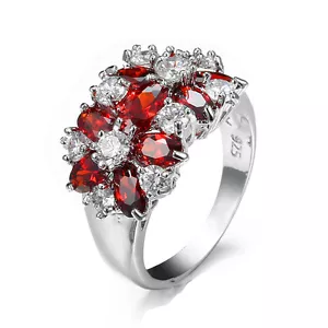 Anillo de boda de plata 925 rojo con flores de circonio circular para mujer talla 6/7/8/9/10 - Imagen 1 de 5