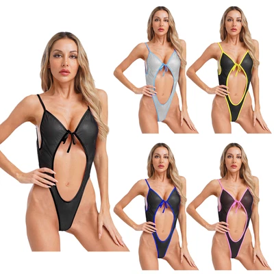 Frauen Bodysuit Front Tie Up Strampler V-Ausschnitt Overall Clubwear Dessous - Bild 1 von 3