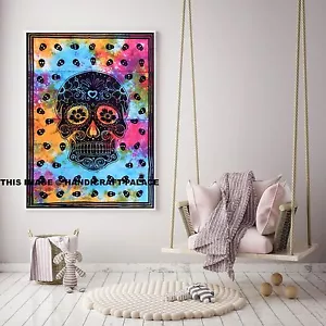 Human Skull Tie Dye Wall Hanging Indian Cotton Tapestry Room Decor Throw Poster - Picture 1 of 2