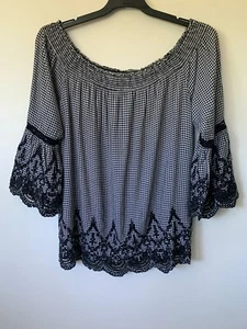 CITY CHIC 3/4 SLEEVE OFF THE SHOULDER BLACK GINGHAM LACE TRIM TOP SIZE L 18 20 - Picture 1 of 2