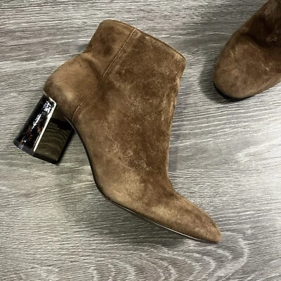 Botines Ann Taylor Mujer Tacón Tortuga Talla 7.5 Marrón Gamuza Cremallera Lateral Dorado Foto 1 de 4