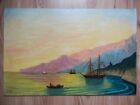 Peinture à l'huile des deux côtés paysage navires de mer, port, écorce et femme nue 