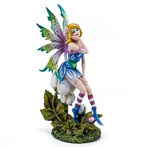 Colorful Blue Fairy Sitting On Flower Figurine Statue 10.5"H Resin New! - Picture 1 of 4