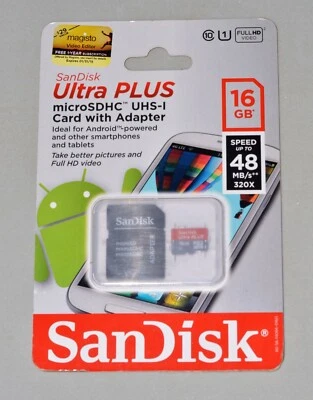 Sandisk Ultra Plus Class 10 16GB 48MB/S 320 X microSDHC UHS-1 Card & Adapter NEW - Image 1 of 4