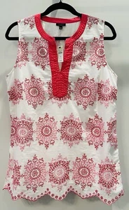 TALBOTS Medium COTTON EMBROIDER TANK Pink White Split Neck SLEEVELESS Tunic BOHO - Picture 1 of 5
