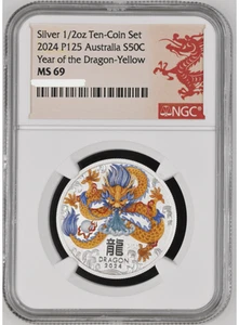 2024 Australia Lunar Year of the Dragon 1/2 oz Silver Yellow Coin NGC MS 69 - Picture 1 of 5
