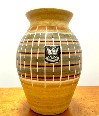 Vintage Kendal Studio Pottery Vase 1960s Hand Decorated Striped Geometric 23cm - Image 1 of 4