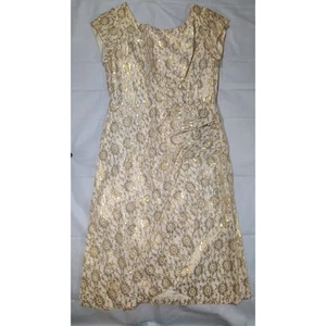 Vestido de Fiesta Formal Superposición Brillante Encaje Dorado/Marfil MCM Hecho a Mano Años 60 Talla 8/10 - Imagen 1 de 12