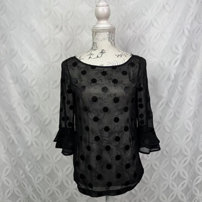 Kate Spade Silk Sheer Polka Dot Evi Flutter Sleeve Black Top Size 00  - Image 1 of 4