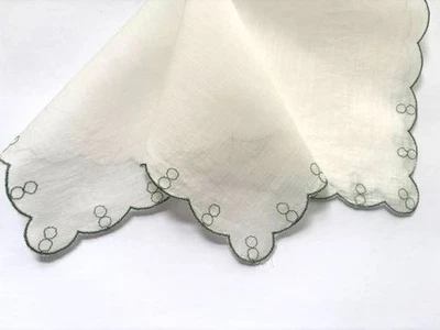 VINTAGE 1930s HANKY EMBROIDERED GEOMETRIC EDGING GREEN ON WHITE SWEET UNUSUAL - Image 1 of 4