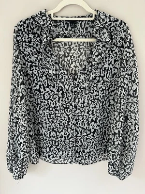 New Look Womens Blouse Size 16 Black White Animal Print Chiffon Ruffle - Image 1 of 4