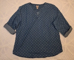 Pullover Chicos taglia 3 Chambray denim blu top bianco a pois manica a linguetta XL - Foto 1 di 6