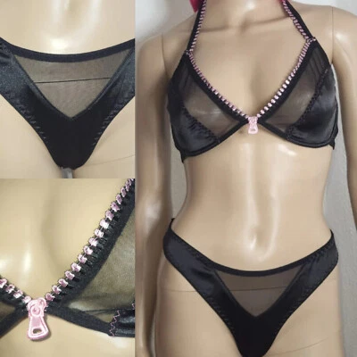 Leg Avenue Dessous Set BH+Tanga, Zipper schwarz Gr L 40/42 string mesh damen neu - Bild 1 von 4