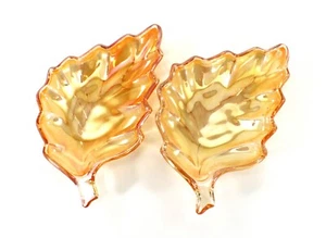 Amber Glass LEAF SHAPE 6”Trinket Dish Iridescent  Set of 2 Autumn Fall Vintage - Picture 1 of 10