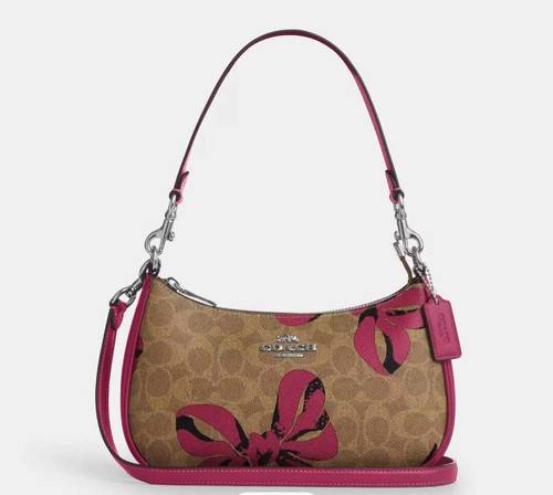 Borsa a tracolla Coach CAA70 Teri firmata tela e pelle stampa fiocco marrone rosa multi