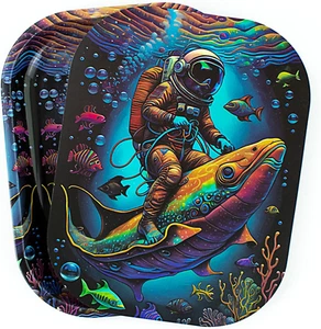 7×5.5in Neon Astronaut Fish Metal Rolling Tray, PVC Magnetic Lid, Premium Design - Picture 1 of 12
