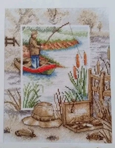 Cross Stitch "OUT FISHING" pattern ~ fisherman, boat, cattails, creek, lures - Picture 1 of 1