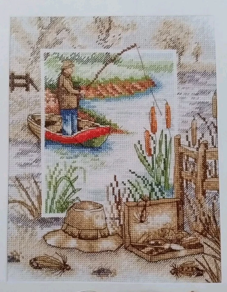 Cross Stitch "OUT FISHING" pattern ~ fisherman, boat, cattails, creek, lures - Image 1 of 1