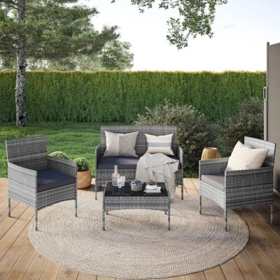 Lounge Set Garten Grau-Meliert 4-tlg. Polyrattan Sofa Sessel Tisch mit Kissen - Bild 1 von 4