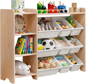4-Tier Toy Storage Shelf, Solid Wood, 9 Bins & 3 Ports, Kids Organizer - Picture 1 of 7
