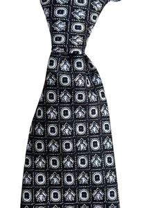 Mercedes Mens NeckTie Hand Made Silk Black Foulard Geometric Pattern 3 3/4x60' - Picture 1 of 10