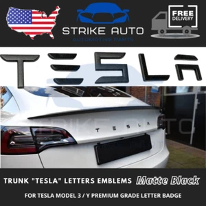 Tesla Model 3 & Y MATTE BLACK "TESLA" Letters Emblem Badge for Rear Trunk NEW - Picture 1 of 3