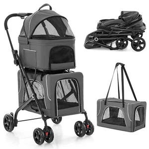 Double Pet Stroller for 2 Dogs or Cats w/ 2 Detachable Carriers Safety Belt Gray - Picture 1 of 10