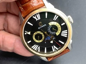 Swiss Made Cyma Day-Date Moon Phase Black Dial Brown Leather QUARTZ MEN'S Watch - Picture 1 of 18