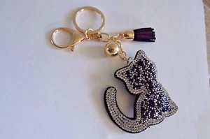 BEADED PUFFY BLACK SILVER CAT KEY CHAIN HELPS FERAL CATS KITTENS RESCUE CHARITY - Picture 1 of 4