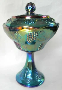 Blue Carnival Glass Compote (Wedding Bowl) + Lid, Harvest Pattern, Indiana, Exc. - Picture 1 of 10