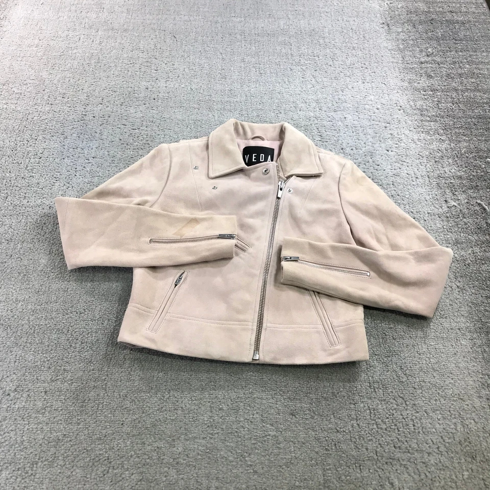 Chaqueta de Cuero Veda Mujer Pequeña P Clásica Cuero Moto Chaqueta Rosa Gamuza Foto 1 de 4
