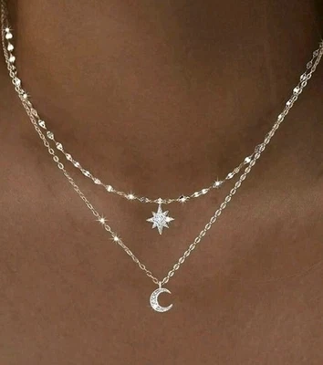 Collana Acciaio Inox Doppio Strato Luna E Stella Zirconi - Immagine 1 di 4