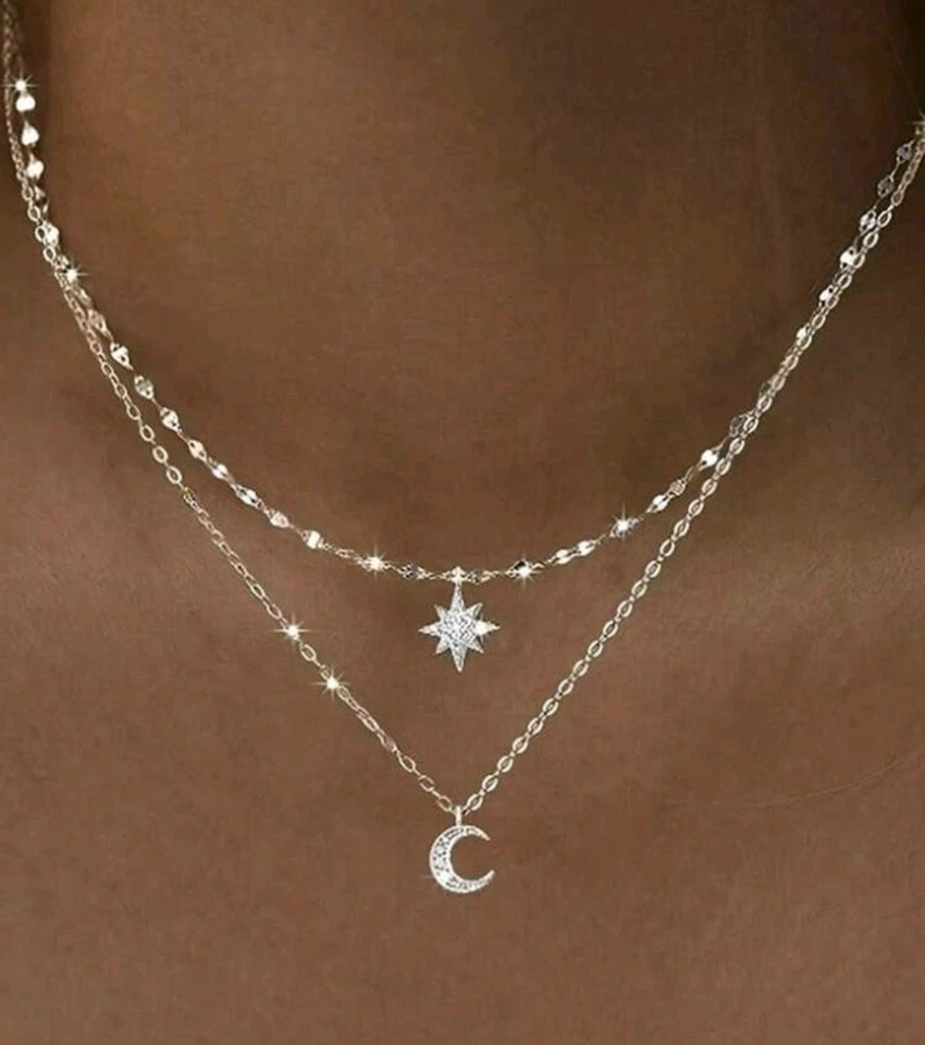 Collana Acciaio Inox Doppio Strato Luna E Stella Zirconi - Immagine 1 di 4