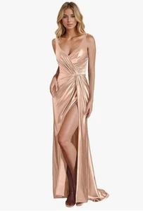 Formal Evening Gown V Neck Pink Satin With Slit 16 New - Picture 1 of 5