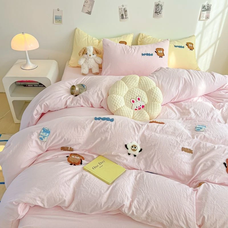 I Lovely Towel Embroidered Washed Cotton Four Piece Bed Sheet Set 200cm*230cm - Image 1 of 1