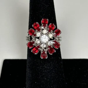 Vtg American Ring Co. Ladies Glass Ruby Red Cocktail White Gold 18kge Ring Sz 7 - Picture 1 of 21