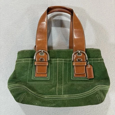 Y2K Coach Soho Green Suede British Tan Leather Trim Business Tote Bag Satchel - Image 1 of 4