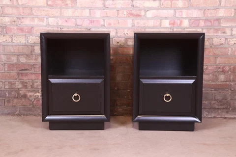 Robsjohn-Gibbings for Widdicomb Black Lacquered Nightstands, Newly Refinished Cover