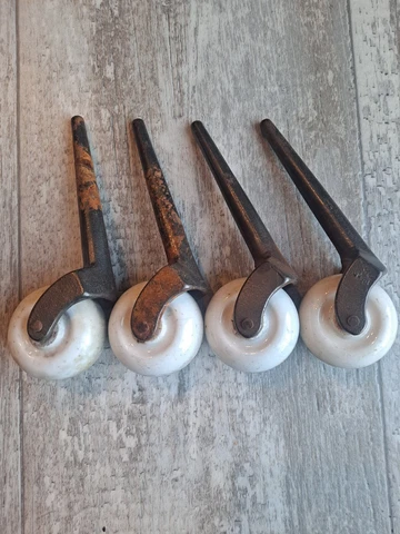 Vtg Antique Porcelain Caster Wheels Large  Set Iron Shaft 2" Wheel 5.75 Length Cover