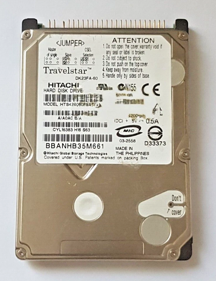 60 GB IDE Hitachi Travelstar HTS428060F9AT00 P-ATA 4200RPM 8MB 2.5" Hard Drive - Image 1 of 1