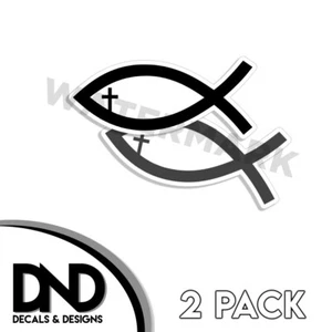 CROSS CHRISTIAN FISH Vinyl Decal Sticker Calvary Truck Ichthys 2 Pack 5" Wide - Picture 1 of 2