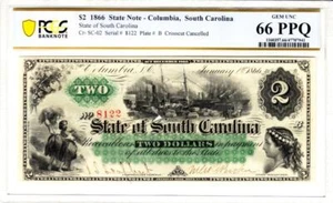 1866 $2 State of South Carolina Currency Gem Uncirculated PCGS 66PPQ -RARE NOTE! - Picture 1 of 13