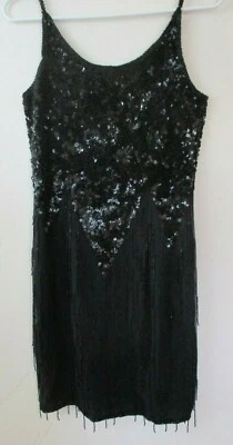 Vestido Stenay 6 Vintage Pequeño Negro Seda Cuentas Aleta Lentejuelas Para Mujer S Flecos  Foto 1 de 4