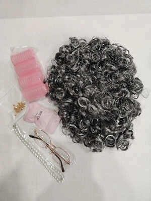 Adult Gray Afro Pop Wig Curly Hair for Old Lady Granny Costume Halloween - Image 1 of 4